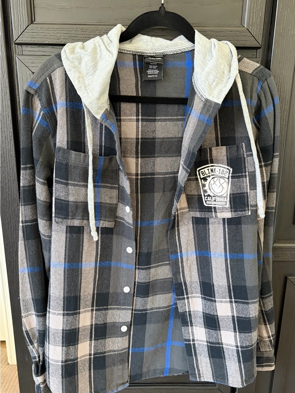 Blink-182 Men’s Gray & Blue Plaid Hooded Flannel Shirt